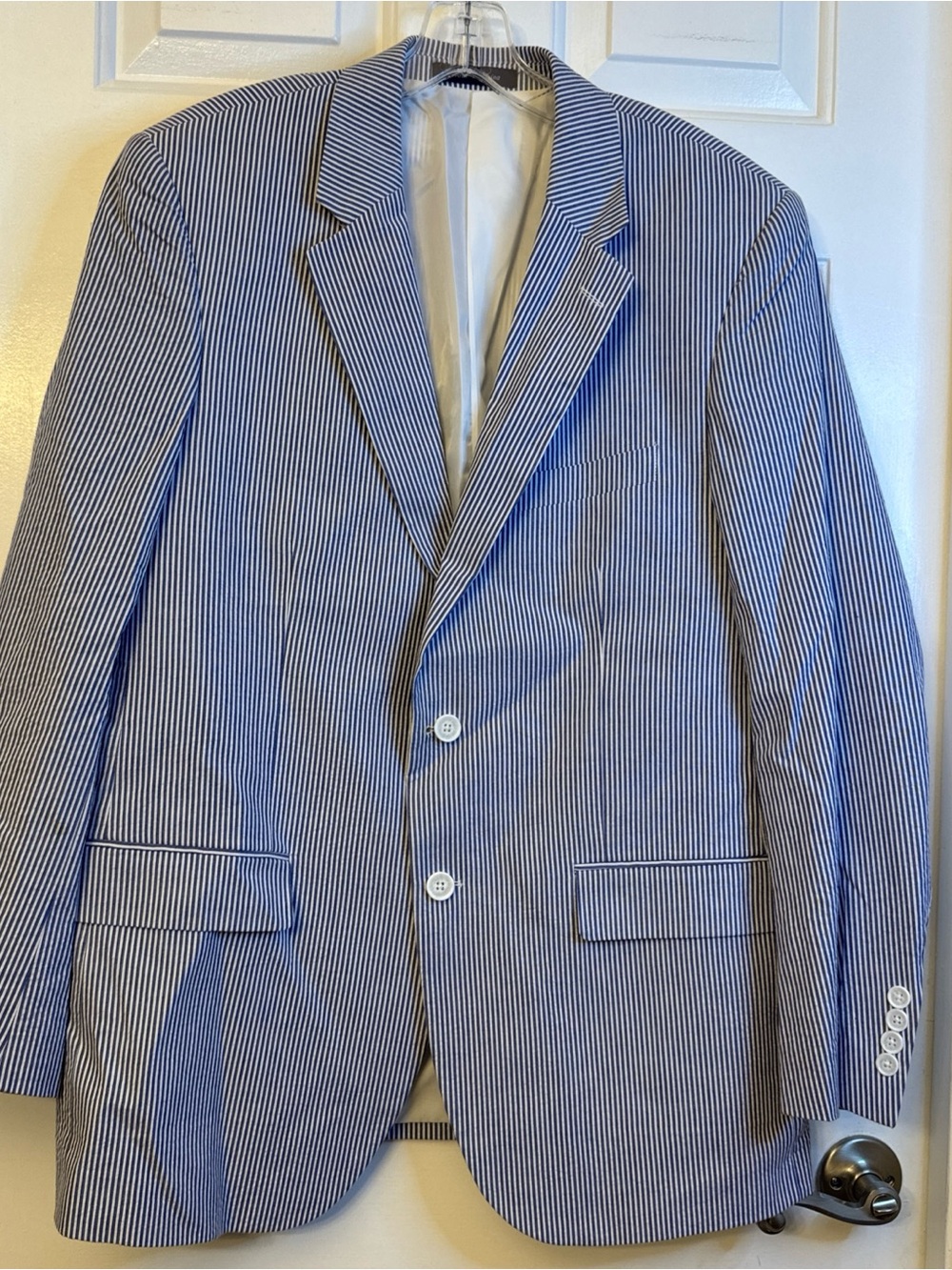 Alan Flusser Mens 44R Seersucker Blazer Blue White Striped Cotton Sport Coat